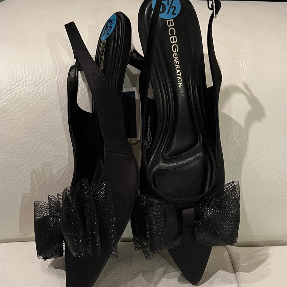 BCBGeneration Deela Black Kitten Heels with Mesh Bow